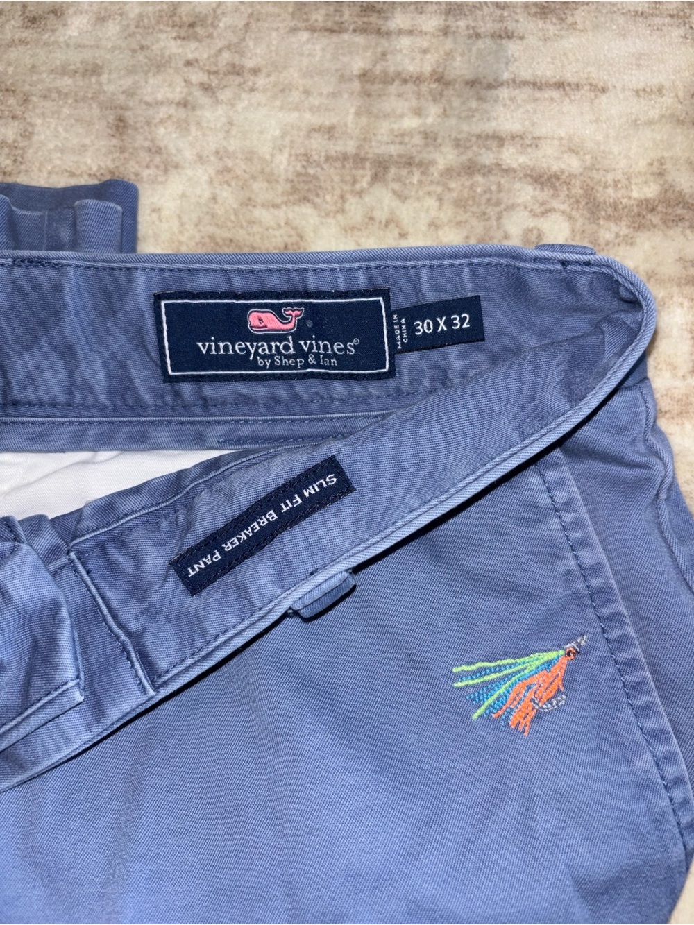 Vineyard Vines Slate Blue Slim Breaker Pants with Embroidered Fishing Lures
